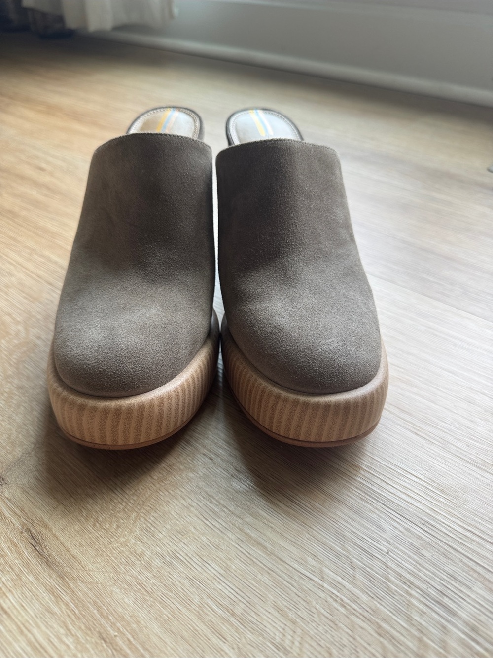 Sam Edelman Taupe Suede Platform Mules with Wood-Look Heel - Picture 3 of 8